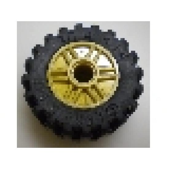 Wheel & Tire Assembly 18mm D. x 14mm with Pin Hole, Fake Bolts and Shallow Spokes with Black Tire 30.4 x 14 Offset Tread (55981 / 30391)
