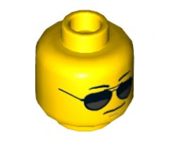 Minifigure, Head Glasses with Black and Silver Sunglasses, Black Eyebrows, Chin Dimple, Grim Mouth Pattern - Hollow Stud
