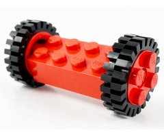 Wheel & Tire Assembly Brick, Modified 2 x 4 with Pins with 2 Red Wheel FreeStyle with Technic Pin Hole and 2 Black Tire 24mm D. x 8mm Offset Tread (6249 / 6248 / 3483)