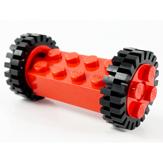 Wheel & Tire Assembly Brick, Modified 2 x 4 with Pins with 2 Red Wheel FreeStyle with Technic Pin Hole and 2 Black Tire 24mm D. x 8mm Offset Tread (6249 / 6248 / 3483)