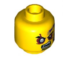 Minifigure, Head Black Eyebrows, Red Eyes with Silver Pupil Right, Goatee, Purple Snake Tattoo, Open Mouth with Fangs Pattern - Hollow Stud