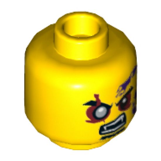 Minifigure, Head Black Eyebrows, Red Eyes with Silver Pupil Right, Goatee, Purple Snake Tattoo, Open Mouth with Fangs Pattern - Hollow Stud