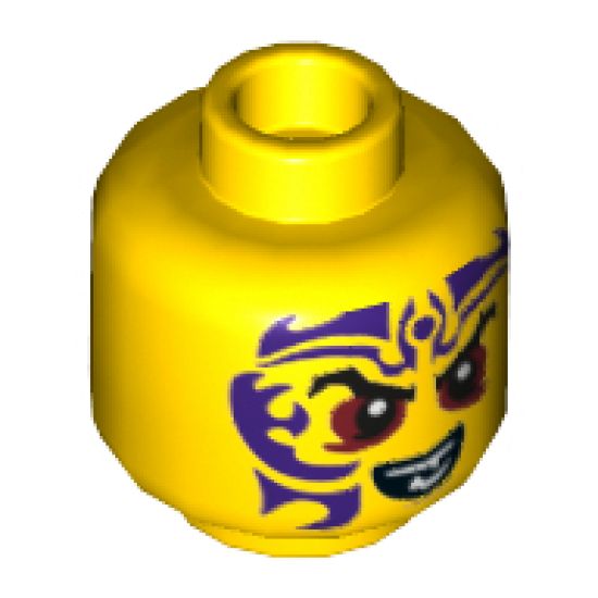 Minifigure, Head Black Eyebrows, Dark Red Eyes, Dark Purple Tattoo, Evil Smile Pattern - Hollow Stud