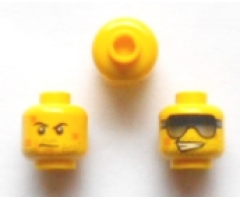 Minifigure, Head Dual Sided Black Sunglasses, Stubble, Scratches, Grin / Black Eyebrows, White Pupils, Determined Pattern (Frank Rock) - Hollow Stud
