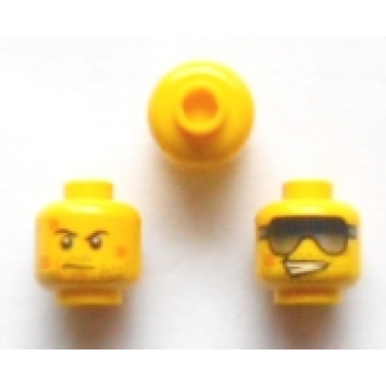 Minifigure, Head Dual Sided Black Sunglasses, Stubble, Scratches, Grin / Black Eyebrows, White Pupils, Determined Pattern (Frank Rock) - Hollow Stud