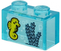 Brick 1 x 2 without Bottom Tube with Yellow Seahorse and Sand Blue Seagrass on Transparent Background Pattern (Sticker) - Set 60266