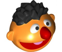 Minifigure, Head, Modified Sesame Street Ernie with Black Hair, Red Nose and Mouth Pattern