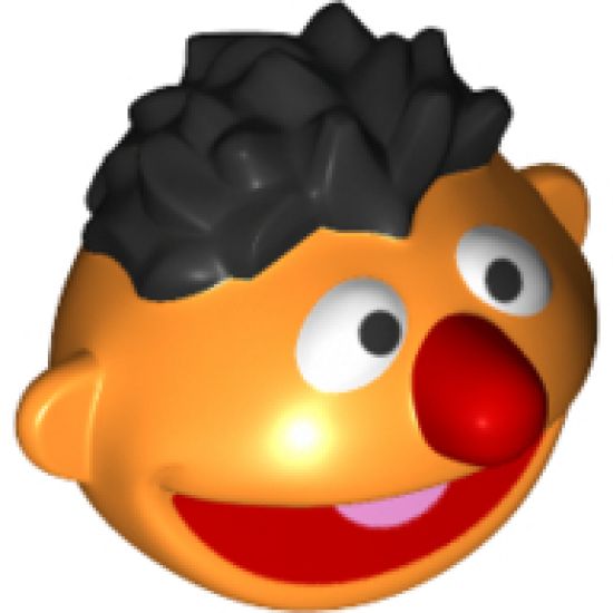 Minifigure, Head, Modified Sesame Street Ernie with Black Hair, Red Nose and Mouth Pattern