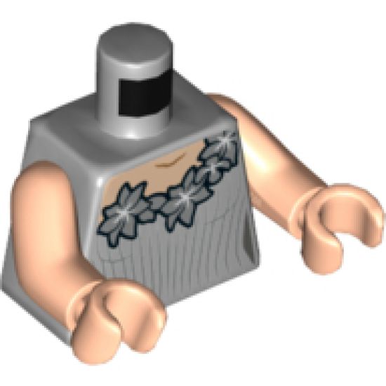 Torso Female Dress, Light Nougat Neck, Silver Flowers and Vertical Stripes Pattern / Light Nougat Arms / Light Nougat Hands