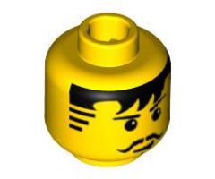 Minifigure, Head Moustache Black Bangs, Striped Sideburns, Cleft Chin Pattern - Blocked Open Stud