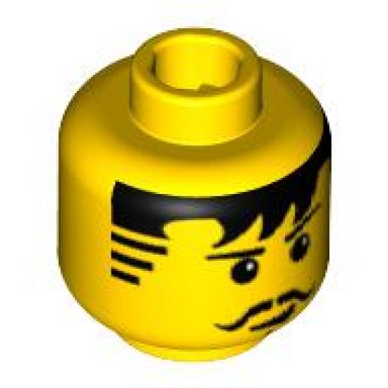 Minifigure, Head Moustache Black Bangs, Striped Sideburns, Cleft Chin Pattern - Blocked Open Stud