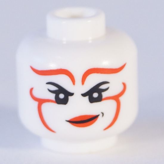 Minifigure, Head Dual Sided Female Red Ornamental Paint and Lips, Smile / Scowl Pattern - Hollow Stud