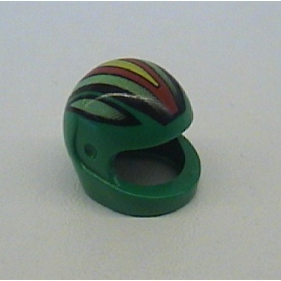 Minifigure, Headgear Helmet Motorcycle (Standard) with Racing Stripes, Black/Lime/Red/Yellow Pattern