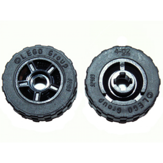 Wheel & Tire Assembly 11mm D. x 6mm with 5 Spokes with Black Tire 17.5mm D. x 6mm with Shallow Staggered Treads - Band Around Center of Tread (50944 / 92409)
