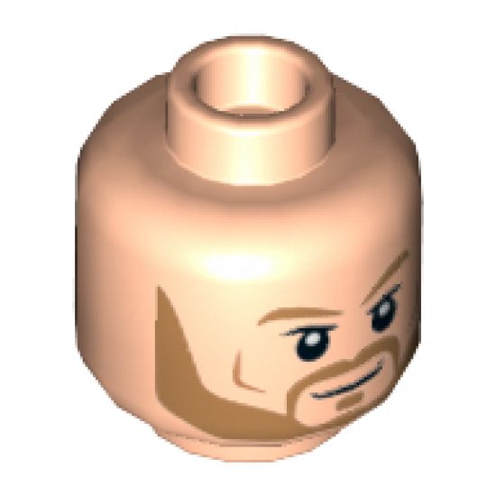 Minifigure, Head Dual Sided Light Brown Eyebrows and Beard, Smile / Angry Pattern - Hollow Stud