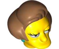 Minifigure, Head, Modified Simpsons Edna Krabappel with Dark Turquoise Earrings and Medium Nougat Hair Pattern