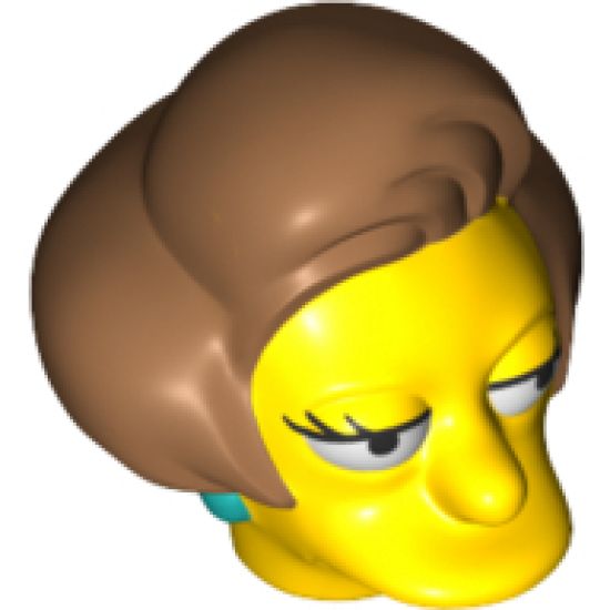 Minifigure, Head, Modified Simpsons Edna Krabappel with Dark Turquoise Earrings and Medium Nougat Hair Pattern