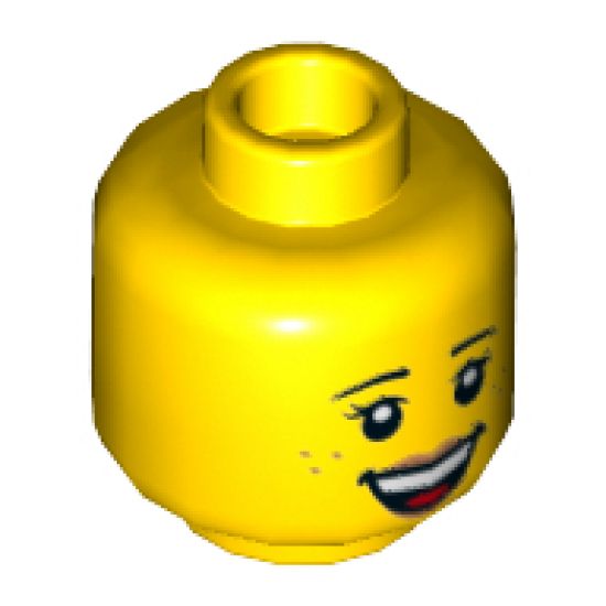 Minifigure, Head Dual Sided Female Black Eyebrows, Freckles, Eyelashes, Peach Lips, Open Smile with Teeth / Sleeping Pattern - Hollow Stud