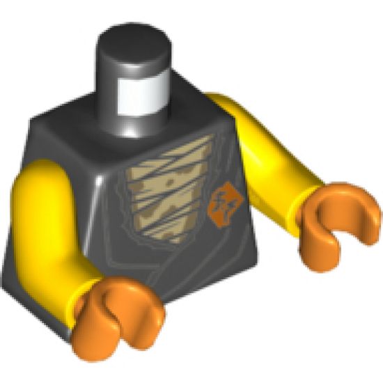 Torso Tunic over Tan Bandages, Orange Diamond with Black Ninjago Logogram 'VS' on Lapel and Back Pattern / Yellow Arms / Orange Hands