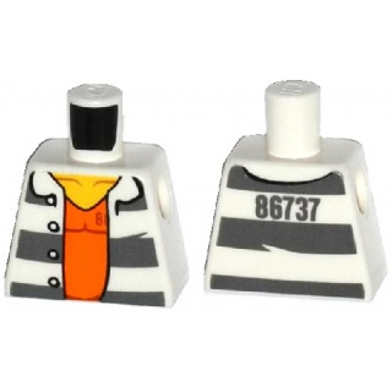 Torso Town Prisoner Number 86737, Dark Bluish Gray Stripes, Orange Shirt Pattern