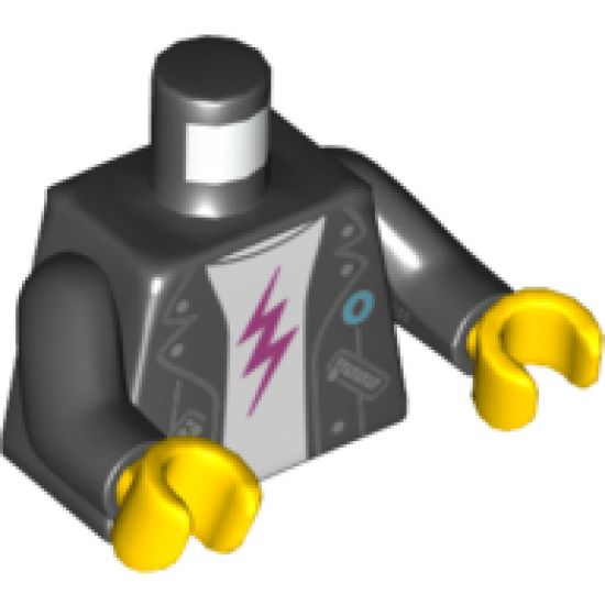 Torso Jacket, White Shirt with Dark Pink Lightning Bolt, 'TOUR' and Cityscape on Back Pattern / Black Arms / Yellow Hands