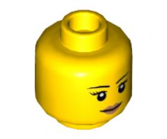 Minifigure, Head Female with Black Thin Eyebrows, Eyelashes, White Pupils and Peach Lips Smile Pattern - Hollow Stud