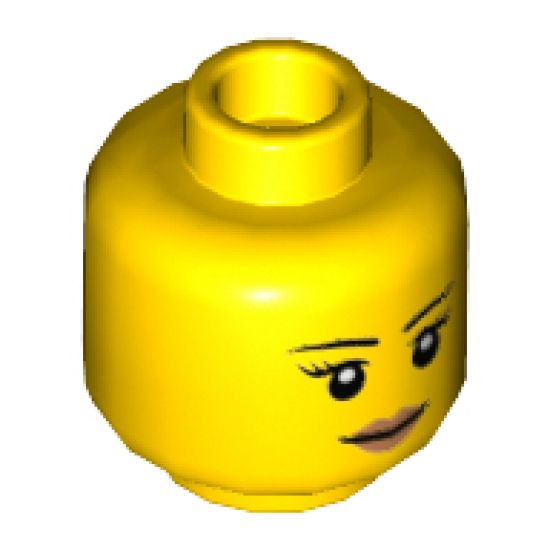 Minifigure, Head Female with Black Thin Eyebrows, Eyelashes, White Pupils and Peach Lips Smile Pattern - Hollow Stud