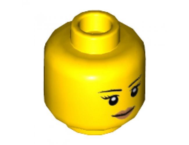 Minifigure, Head Female with Black Thin Eyebrows, Eyelashes, White Pupils and Peach Lips Smile Pattern - Hollow Stud