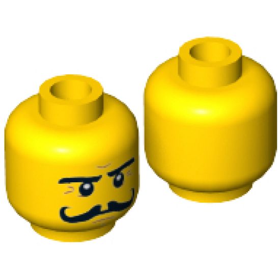 Minifigure, Head Moustache Curly Long, Stern Eyebrows, White Pupils Pattern - Hollow Stud