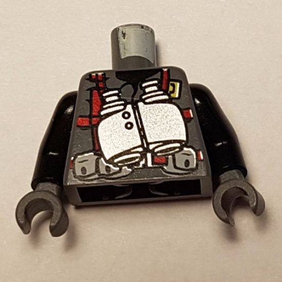 Torso Dino Vest with Red Harness and Silver Binoculars Pattern / Black Arms / Dark Bluish Gray Hands