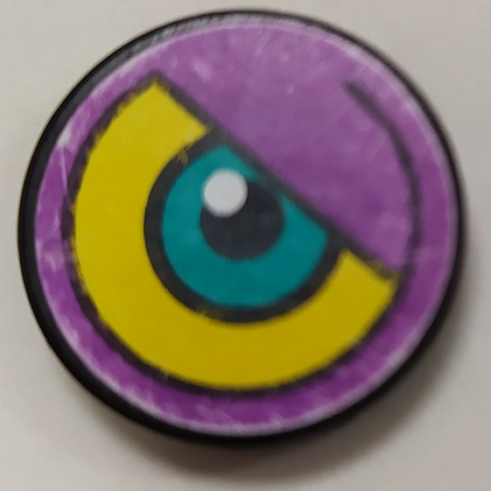 Tile, Round 2 x 2 with Purple/Yellow Background and Dark Turquoise Eye Pattern Model Right Side (Sticker) - Set 8245