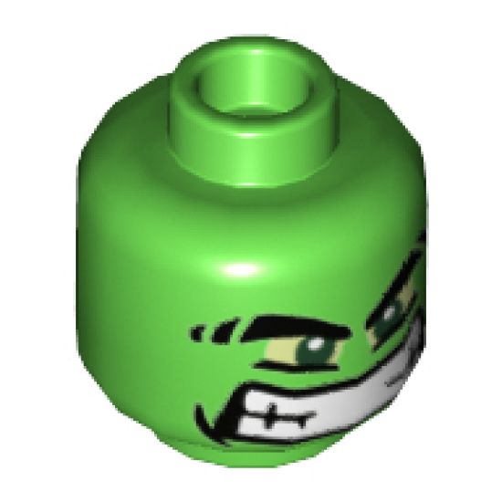 Minifigure, Head Alien with Black Thick Eyebrows, Yellow Eyes and Wide Grin with Teeth Pattern - Hollow Stud