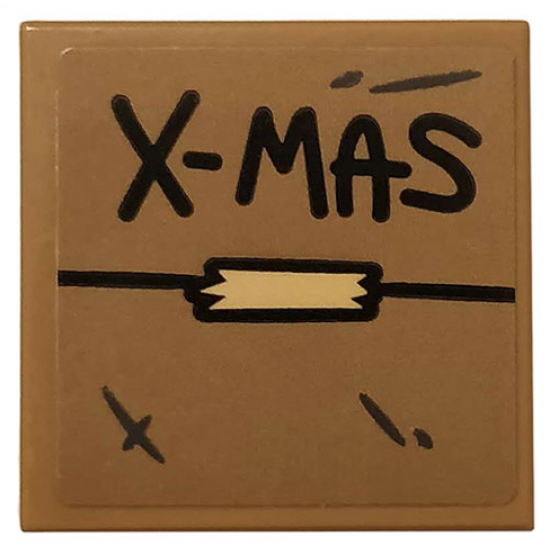 Tile 2 x 2 with Black 'X-MAS' and Tan Tape on Dark Tan Background Pattern (Sticker) - Set 75810