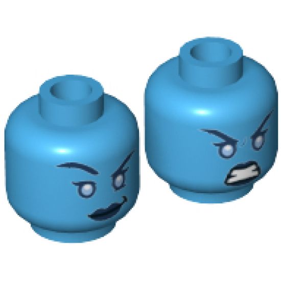 Minifigure, Head Dual Sided Alien Female Dark Blue Eyebrows and Lips, Smirk with Raised Eyebrow / Fierce Expression Pattern - Hollow Stud