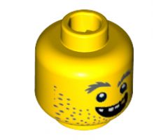 Minifigure, Head Beard Stubble, Gray Bushy Eyebrows, Open Grin, Gold Tooth Pattern - Hollow Stud