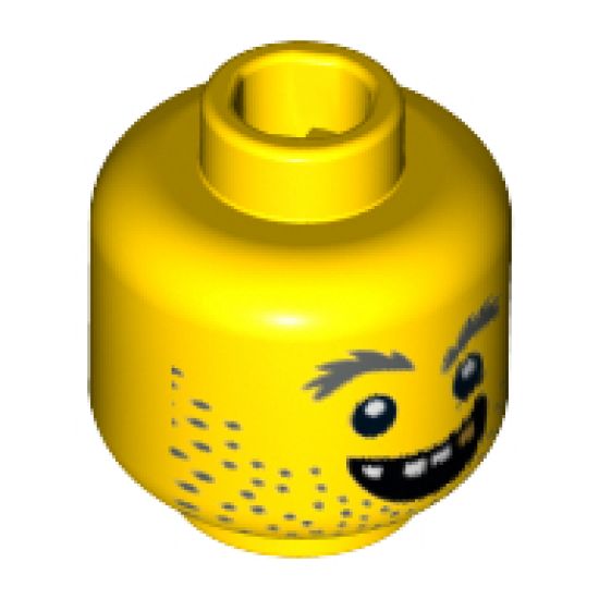 Minifigure, Head Beard Stubble, Gray Bushy Eyebrows, Open Grin, Gold Tooth Pattern - Hollow Stud
