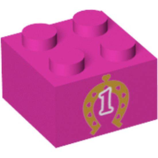 Brick 2 x 2 with Gold Horseshoe with Hearts and White Number 1 Outline Pattern
