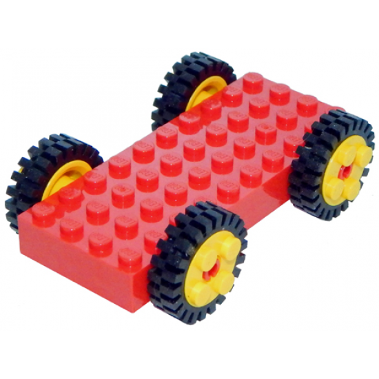Wheel & Tire Assembly Brick, Modified 4 x 10 with 4 Pins with Yellow Wheels FreeStyle with Technic Pin Hole and Black Tires 24mm D. x 8mm Offset Tread (30076 / 6248 / 3483)