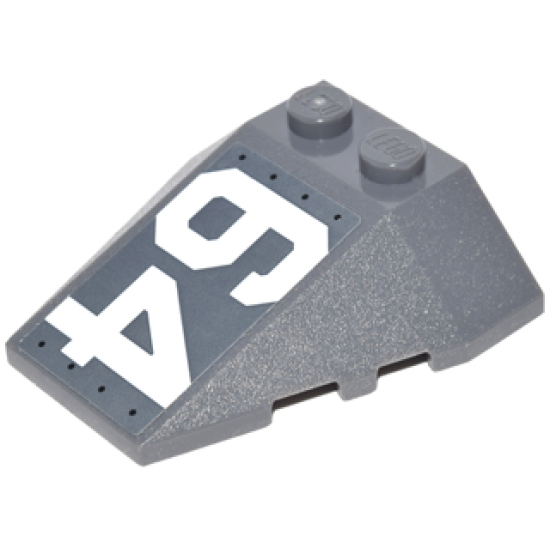 Wedge 4 x 4 Triple with Stud Notches with White '64' on Dark Bluish Gray Background Pattern Model Right Side (Sticker) - Set 76042