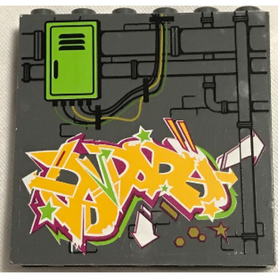 Panel 1 x 6 x 5 with Pipes, Lime Door, and Lime, Light Orange and Magenta Graffiti on Brick Wall Pattern (Sticker) - Set 79117