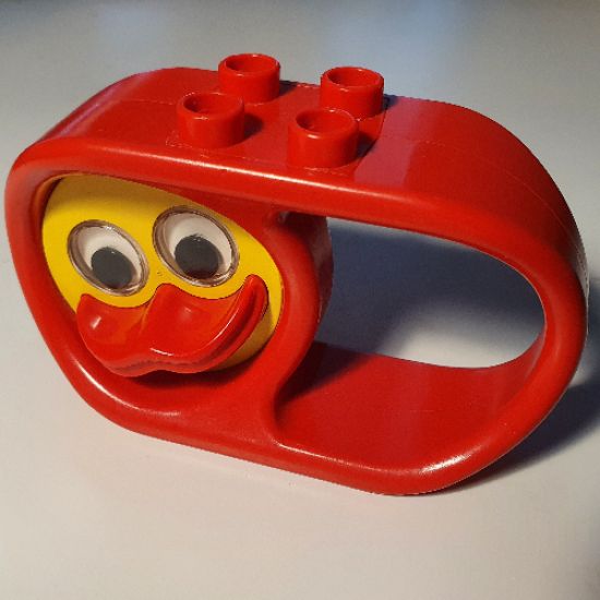 Duplo Rattle Teether Oval 2 x 6 x 3 with Handle and Turning Yellow Duck Face with Red Beak and Rattling Eyes