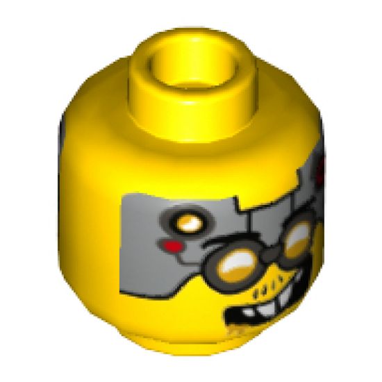 Minifigure, Head Dual Sided Glasses with Silver Goggles, Metal Plates with Circuitry on Forehead, Smile / Angry Pattern (Drillex) - Hollow Stud