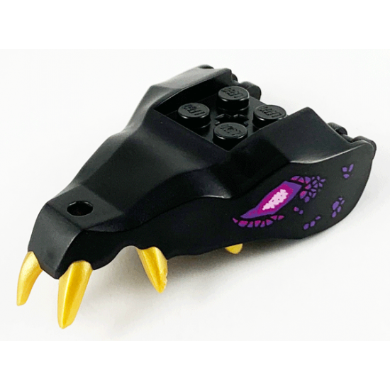 Animal, Body Part Dragon Head (Ninjago) Jaw with 2 Bar Handles on Back - Closed Ends with Gold Teeth, Magenta and Dark Purple Eyes and Scales Pattern