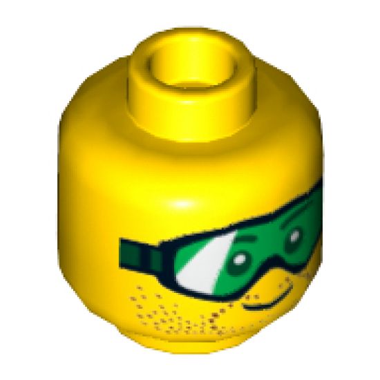 Minifigure, Head Glasses with Green Goggles and Brown Stubble Pattern - Hollow Stud