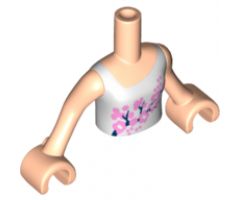 Mini Doll, Torso Friends Girl White Vest Top with Bright Light Pink and Black Flowers Pattern, Light Nougat Arms with Hands