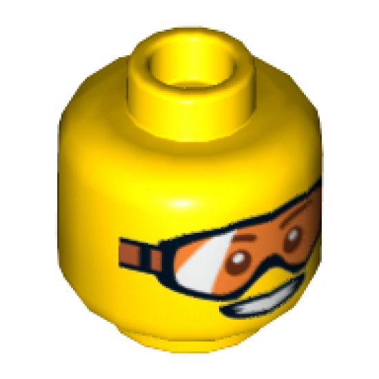 Minifigure, Head Glasses with Orange Goggles and Open Smile Pattern - Hollow Stud