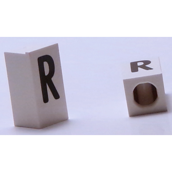 Tile, Modified 1 x 2 x 5/6 with Stud Hole in End and Black 'R' Upper Case Pattern