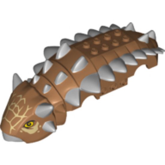Animal, Body Part Dinosaur Middle Ankylosaurus with Light Bluish Gray Beak and Spikes, Tan Markings and Yellow Eyes Pattern