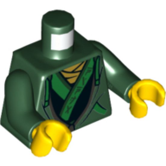 Torso Hoodie with Bright Green Ties and Trim over Ninjago Robe with Ninjago Logogram 'NINJA' Pattern / Dark Green Arms / Yellow Hands