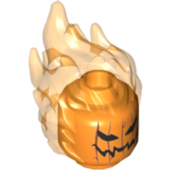 Minifigure, Head, Modified Alien with Trans-Orange Flaming Hair and Pumpkin Jack O' Lantern Pattern